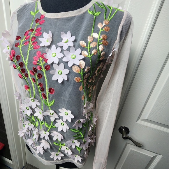 Zara Floral Applique Mesh Top S Sheer 3D Flowers Embroidered Boho Festival Fairy - Picture 7 of 15